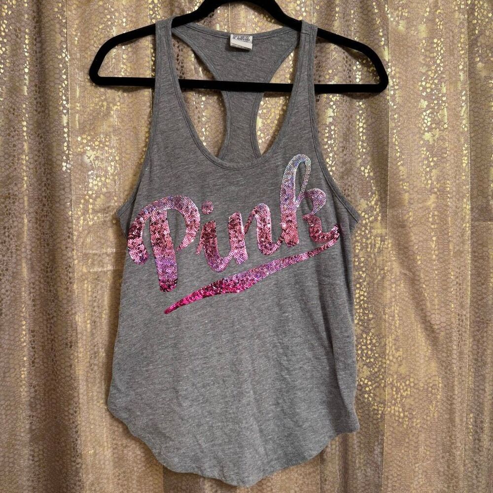 PINK Victorias Secret Y2K Gray Ombre Pink Sequin Bling Racerback Tank Top Small